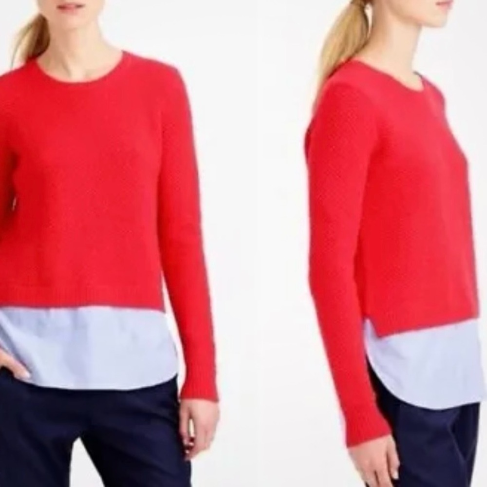 J. Crew Red Lambswool Blue Shirt Tail Waffle Knit Crew Neck Sweater Small
